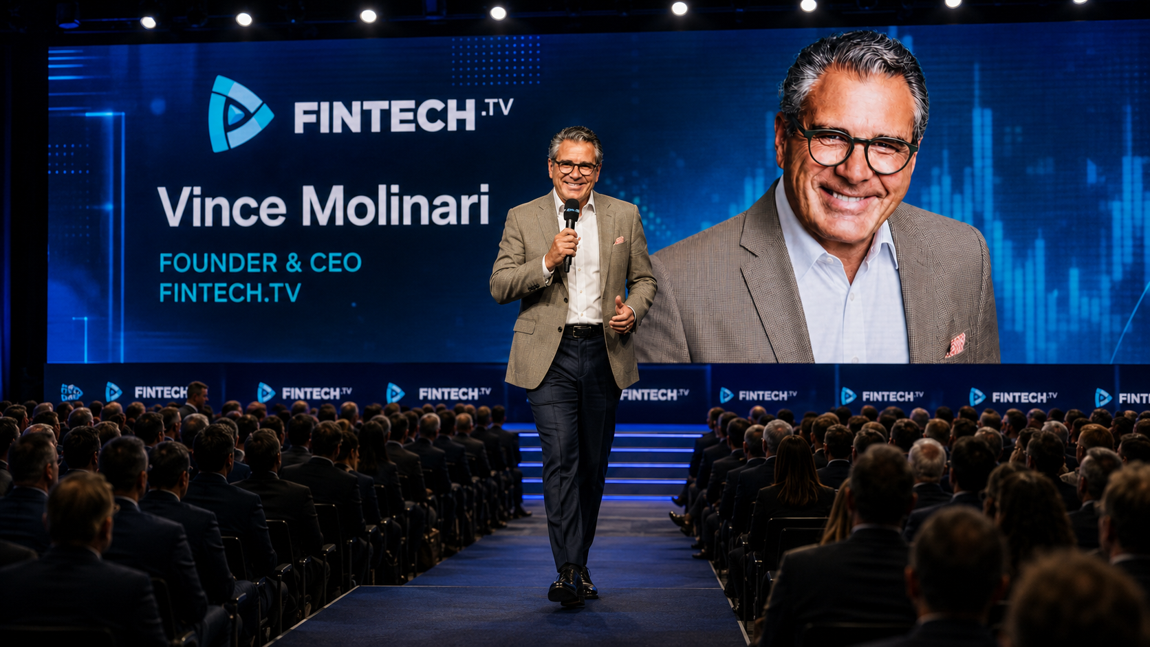Vince Molinari speaking on stage at a FINTECH.TV broadcast event